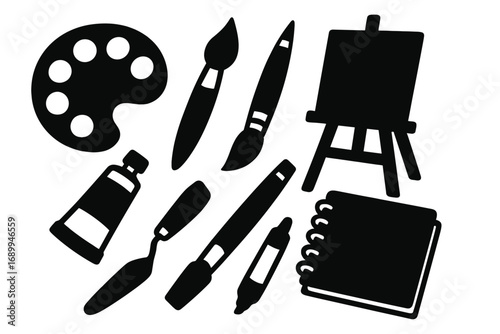 Art tools silhouette icon set. Vector collection of painter supplies. Palette, paintbrush, easel, canvas, paint tube, and sketchbook for creative hobby and drawing. Craft design elements.