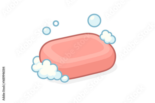 Vector illustration of a pink soap bar with foam and bubbles. Concept of hygiene, cleanliness, and personal care. Isolated cartoon icon for body wash, skincare, and health.