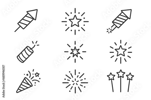 Firework line icon set. Simple vector symbols for celebration, party, and holidays. Collection of isolated outline icons: rocket, firecracker, sparkler, popper, star burst. Editable stroke.