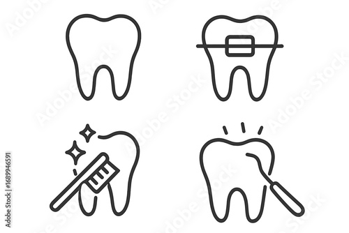 Set of Minimalistic Tooth Icons Featuring Dentistry, Braces, Teeth Cleaning, and Oral Care Symbols for Web, Graphic Design, Apps, Banners, Social Media, and Cards Vector