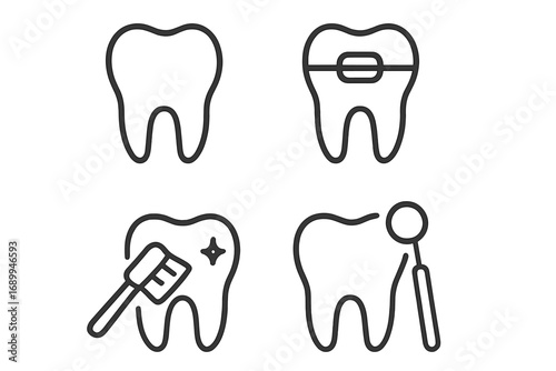 Minimalistic linear vector icons set of teeth, dentistry, braces, dental cleaning, tooth care and oral health symbols for web design, apps, social media, banners, and cards