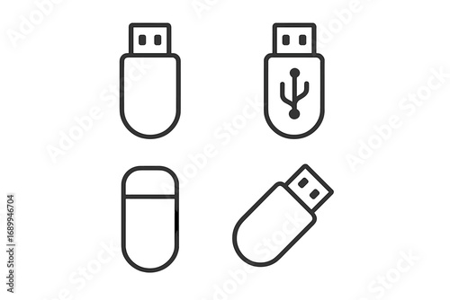 Set of USB flash drive icons. Minimalistic line art vector illustration. Memory stick, thumb drive storage device symbols. Technology concept for UI, UX, web, and app design.