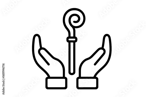 Shepherd crook in hands icon. Concept of leadership, guidance, and spiritual support. Pastoral care symbol. Bishop crosier sign for religious or faith-based design. Vector line art.