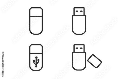 USB flash drive vector icon set. Minimalistic outline style for web design, apps, and UI UX. Memory stick and data storage concept. Portable technology flash memory device.