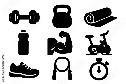 Fitness gym icon set. Dumbbell, kettlebell, yoga mat, bottle, muscle, stationary bike, jump rope, stopwatch. Workout, training, exercise silhouette glyph collection vector.