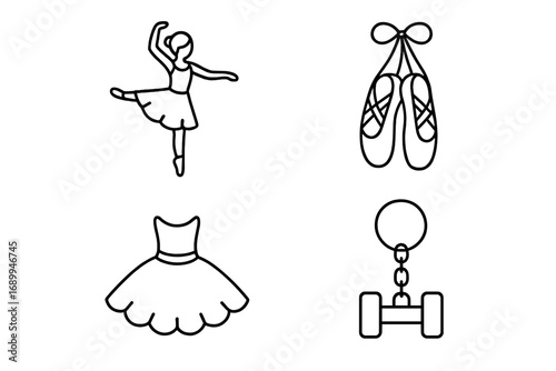 Ballet essentials outline icon set. Vector line art of dance and fitness symbols. Includes ballerina, pointe shoes, tutu dress, and dumbbell keychain for classical dance concepts.