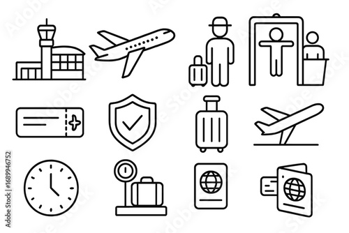 Airport travel linear icon set. Flight, security, and luggage line icons collection. Vector transport symbols like airplane, passport, boarding pass, and baggage claim.