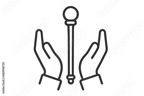 Scepter between hands outline icon. Concept of power, authority, leadership, and monarchy. Symbol of royal rule, divine right, king's insignia, magic wand. Vector logo design.