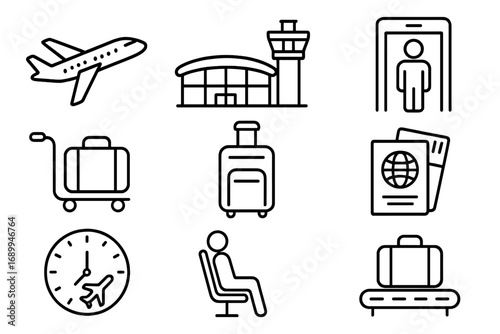 Airport and travel linear icon set. Flight, security, and luggage line icons. Aviation, transport, and tourism symbols. Vector pictograms for departure, vacation, journey.