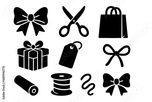 Gift wrap icon set. Present wrapping silhouette collection. Bow, scissors, bag, tag, box, ribbon vector icons. Holiday celebration, birthday, christmas element design set.