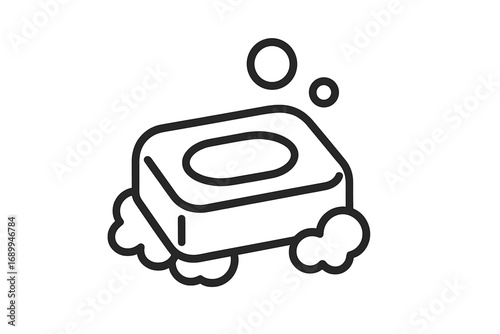 Soap bar line icon. Vector illustration of suds and bubbles. Concept for hygiene, washing, cleanliness, bathroom, personal care. Minimal outline symbol for web and apps.