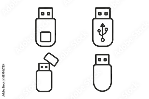 Set of USB flash drive icons in a modern minimalistic outline style. Vector symbols for data storage, memory stick, and technology concepts, perfect for web, apps, and interface design.