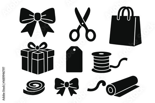 Gift wrapping silhouette icon set. Vector collection of present wrapping supplies. Bow, scissors, bag, tag, ribbon, and gift box. Holiday, birthday, and celebration elements.