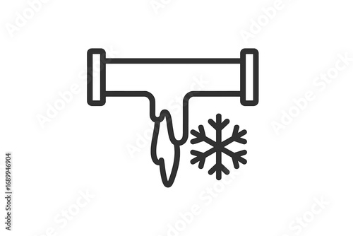 Frozen pipe line icon. Winter plumbing problem, cold weather emergency. Symbol of burst pipe, ice damage, freezing water. Vector illustration with icicles and snowflake.