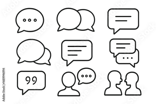 Speech bubble icon set for communication, dialogue, chat, messaging concept. Editable stroke vector cartoon collection. Infographic, media, article, flyer, banner, publication graphic elements.