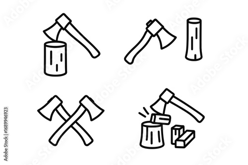 Axe and wood chopping vector icon set. Lumberjack outline icons. Forestry and woodwork concept. Chopping firewood, axe in stump, and crossed axes symbols for design.