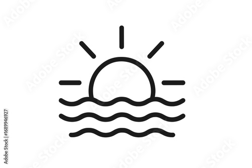 Sunrise sunset over sea line icon. Simple sun and wave vector illustration. Minimalist summer beach travel symbol. Nature landscape graphic. Dawn or dusk logotype design.