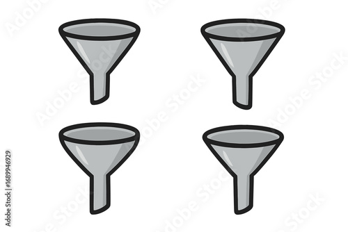 Simple funnel icon set for graphics and concept apps, vector cartoon illustration with transparent background, ordered collection of four clean and modern funnel symbols