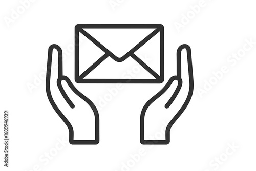 Hands holding envelope icon. Contact us symbol. Mail, message, email or newsletter concept. Minimalist line art pictogram for web, apps, graphic design and marketing.