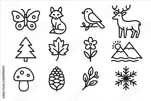 Nature and wildlife line icon set. Forest animals, plants, four seasons symbols. Minimalist outline vector graphic. Includes deer, fox, bird, butterfly, tree, leaf, snowflake.