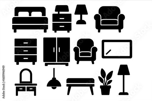Furniture icon silhouette set for interior design. Home essentials and decor elements. Vector collection for bedroom, living room. Bed, chair, wardrobe, lamp. Isolated black flat objects.