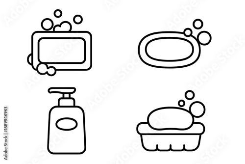 Soap icon set thin line art vector. Bar of soap, liquid dispenser, soap dish with bubbles. Hygiene, cleaning, washing concept for web, apps, ui, ux design. Isolated illustration.