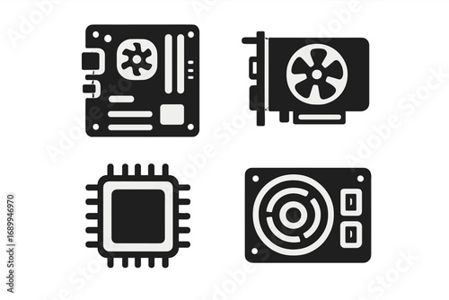 Computer hardware components icon set vector silhouette. PC parts graphic. Motherboard, CPU processor, GPU graphics card, power supply unit. PC building, gaming computer concept.