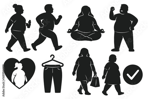 Set of plus size people silhouettes. Body positive concept with overweight man and woman in various activities like running, walking, yoga. Health, lifestyle, and self-love icons.