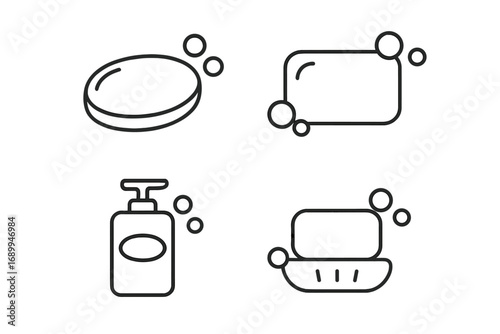 Soap icon set thin line. Bar of soap, liquid soap dispenser, soap dish and bubbles. Hygiene, washing, cleanliness concept. Vector outline illustration for web and app design.