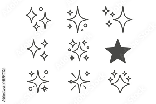 Sparkle and stars icon set. Thin line vector symbols of shine, glitter, and twinkle. Clean and fresh effect for web, ui, and apps. Editable stroke. Magic flash collection.