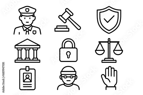 Law and justice icon set. Concepts of authority, security, and protection. Police officer, judge gavel, courthouse, and criminal icons. Legal system and crime vector symbols.