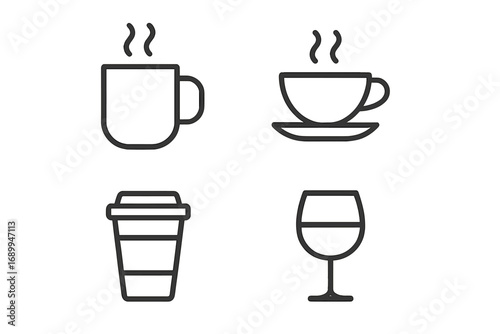 Drink and beverage icon set. Coffee cup, tea mug, wine glass and takeaway paper cup. Outline style vector illustration for cafe menu, apps, web design, social media.