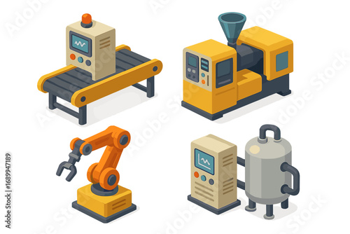 Industrial equipment set in isometric design. Vector illustration of factory automation machinery, robotic arm, conveyor belt, and production line technology. Manufacturing concept.