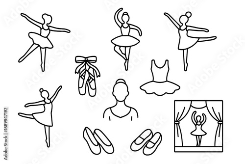 Ballet and dance line icon set. Graceful ballerina in elegant poses. Vector outline collection with pointe shoes, tutu dress, stage. Dancer silhouette cartoon illustration.
