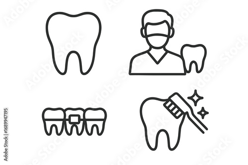 Minimalistic Linear Icons of Tooth, Dentistry, Braces, and Cleaning. Simple Vector Pictograms for Dental Care, Oral Hygiene, Orthodontics, Medical Apps, Banners, and Social Media Graphics