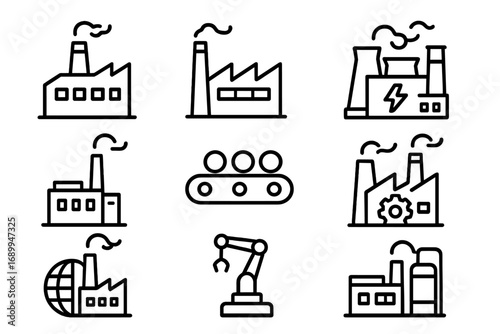 Factory and industry icon set. Outline style vector icons for manufacturing, production, and technology. Includes robotic arm, conveyor belt, power plant, and refinery symbols.