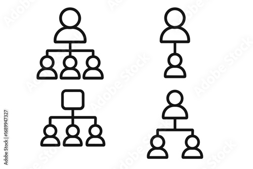 Corporate hierarchy line icon set. Business organization chart graphic. Management structure, leadership, and teamwork symbols. People network, staffing, and human resources vector.