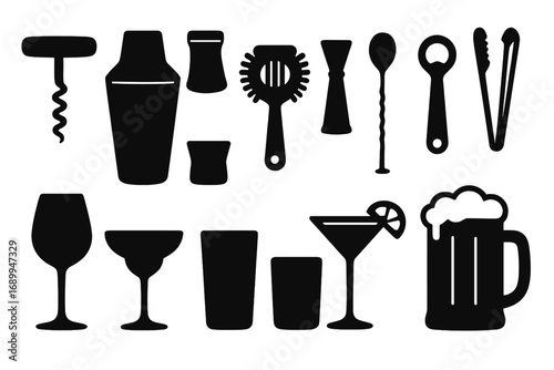 Bar tools and cocktail glasses silhouette collection. Vector icon set of shaker, jigger, corkscrew, wine glass, beer mug. Bartender equipment and drinkware for alcohol beverage.