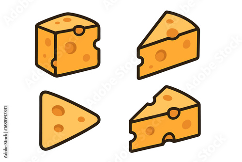 Cheese vector icon set. Cartoon Swiss cheese block, wedge, and slice. Food symbol concept. Dairy product graphic element. Delicious snack illustration for app menu design.
