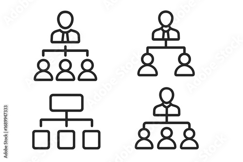 Business hierarchy line icon set. Corporate organizational chart symbols. Company team structure and management concept. Leadership, workflow, and reporting diagram vector pack.