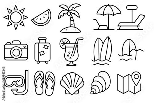 Beach vacation linear icon set. Tropical travel and summer holiday symbols outlined. Vector illustration with sun, palm tree, surfboard, luggage, cocktail, map, shell, camera.