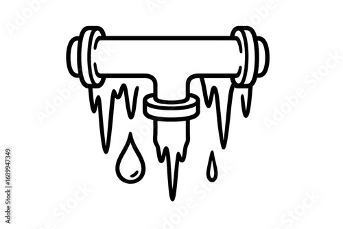 Frozen pipe outline icon. Winter plumbing problem concept. Burst pipeline with ice, icicles, and water leak. Cold weather damage symbol. Vector illustration for repair service.