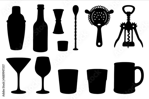 Bar tools and drinkware silhouette set. Vector icons for bartending, mixology. Shaker, jigger, strainer, corkscrew, glasses for cocktails, alcohol, wine. Menu design element.