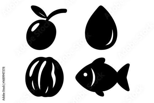 Healthy fats food icon set. Olive, oil drop, walnut, fish silhouette collection. Vector for nutrition, diet, keto, and Mediterranean diet concepts. Simple minimal ingredients.