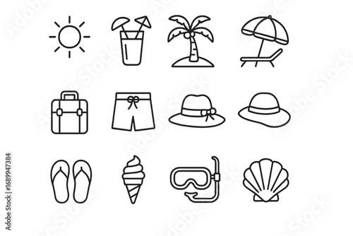 Beach vacation linear icon set. Summer holiday and tropical travel outline symbols. Sun, palm tree, cocktail, suitcase, snorkel, ice cream, shell and flip flops icons.