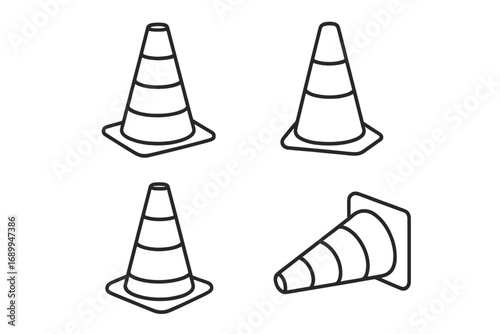 Traffic cone outline vector set. Editable stroke traffic safety barrier icon collection. Cartoon warning cone illustration for infographics, articles, books, flyers, banners, construction site use.