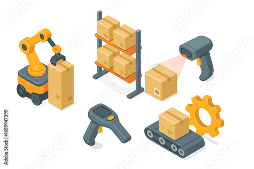 Isometric warehouse automation icon set. Robotics, inventory management, barcode scanning, and conveyor belt. Smart logistics, supply chain efficiency, and distribution concept.