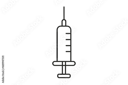 Medical syringe vector icon. Concept of vaccination, immunization, injection. Simple line art for healthcare, treatment, medicine, dose, drug, needle, hospital, and clinic.