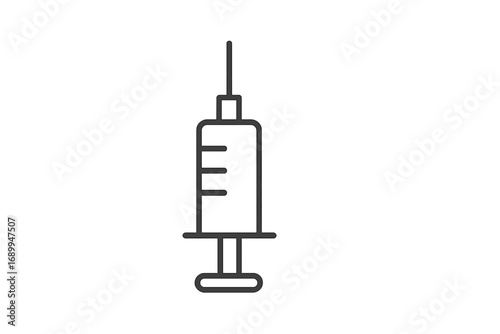 Syringe icon vector line art. Medical injection for vaccination or immunization. Health care concept. Minimalist needle for drug dose, treatment. Simple pictogram for web, app.