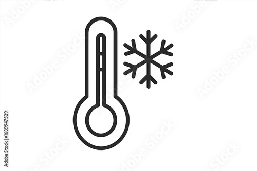 Cold weather icon. Thermometer with snowflake. Freezing temperature symbol. Low temp, winter, frost, snowy forecast concept. Minimalistic outline vector illustration.
